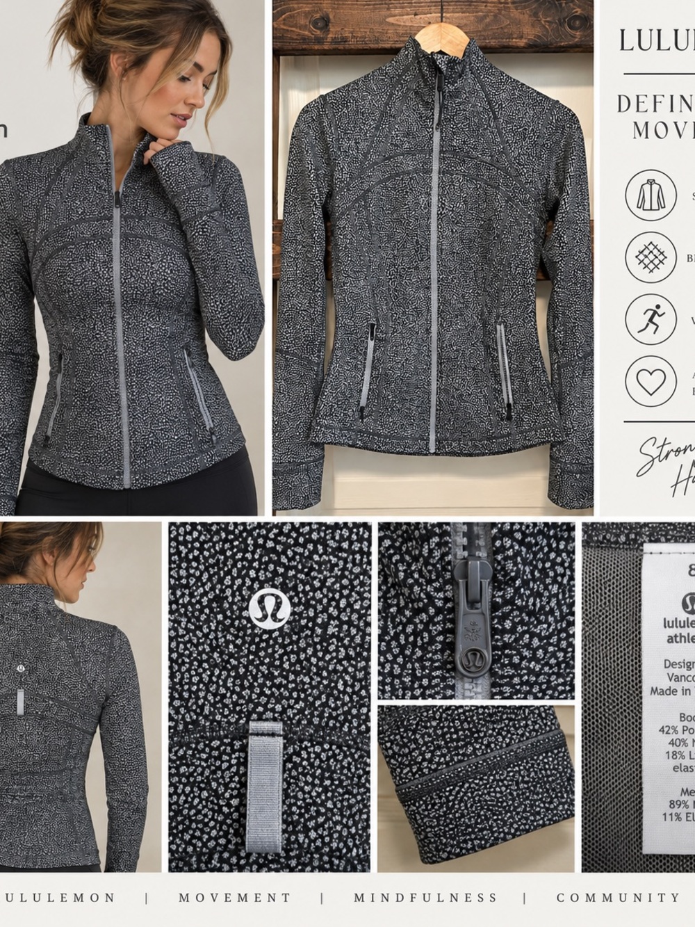 Lululemon Define Jacket Black Gray Speckled Print Full Zip Size 8